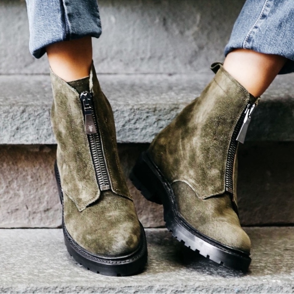 Frye Julie front zip suede lug boots